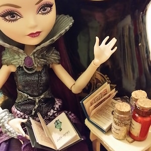 以下が含まれることがあります： 紫色の髪と銀と黒のドレスを着た人形が、「Seek the One」と書かれた表紙の開いた本を持っています。人形は椅子に座っており、その前に小さなテーブルがあります。テーブルの上には本と小さな瓶が3つ置かれています。瓶には、「Strength Potion」、「Love Potion」、「Invisibility Potion」とラベルが貼られています。
