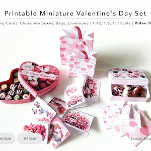 Miniatur Valentinstag Set - Grußkarten, Umschläge, Einkaufstaschen, Schokoladenboxen - Puppenhaus, 1/12, 1/6, 1/3
