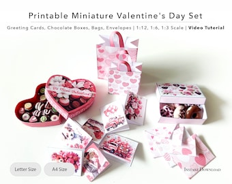 Miniatur Valentinstag Set - Grußkarten, Umschläge, Einkaufstaschen, Schokoladenboxen - Puppenhaus, 1/12, 1/6, 1/3