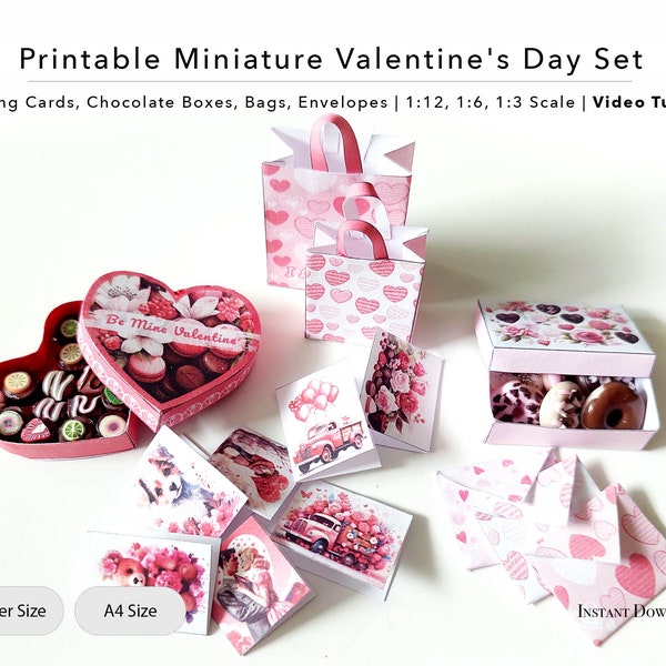 Printable Miniature Valentine's Day Set - Greeting Cards, Envelopes, Shopping Bags, Chocolate Boxes - Dollhouse, 1/12, 1/6, 1/3 Scale