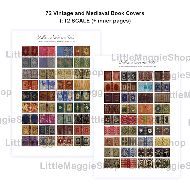 72 Medieval and Vintage Printable Miniature Book Covers for a Dollhouse 1/6 and 1/12 scale with inner pages and real text inside image 2