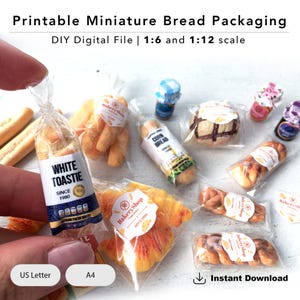 Empaque de pan en miniatura, etiquetas de panadería, hoja imprimible, PDF, casa de muñecas, escala 1/12, escala 1/6, A4, tamaño carta (EE. UU.)