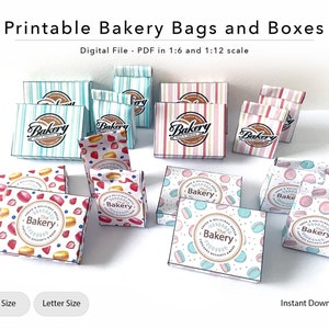 Boîtes et sacs à pâtisserie imprimables | Emballage de boulangerie | Miniatures de maison de poupée | 1/6 | Échelle 1/12 | Épicerie | Fichier numérique | PDF