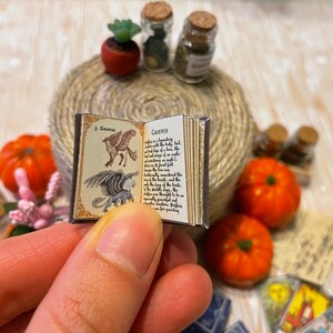 以下が含まれることがあります： グリフィンという架空の生き物について書かれた、ミニチュアの開いた本。本は茶色の革張りで、グリフィンの絵が描かれています。本は手で持たれています。