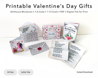 May include: Printable Valentine's Day gifts for dollhouses. The set includes a card, a box of chocolates, a love letter, and a book of poems. The items are printed in a vintage style with pink, red, and white accents.