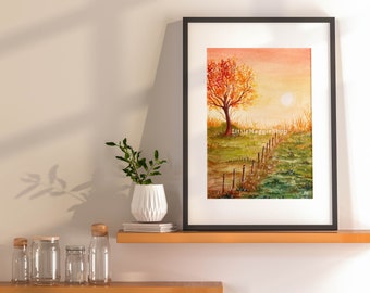 Árbol de otoño Pintura de acuarela imprimible / Descarga instantánea / JPG / Impresión digital / Decoración de pared