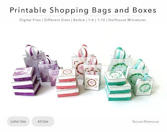 Miniature Printable Dollhouse Shopping Bags and Boxes | Pink | Green | Purple | 1/12 | 1/6 | PRINTABLE | Digital File | Instant Download