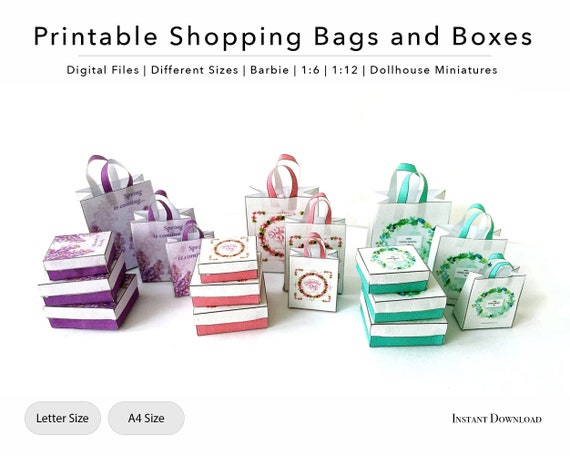 Miniature Printable Dollhouse Shopping Bags And Boxes Pink Green.