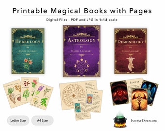 3 Printable Magical Books with Pages - Astrology, Demonology and Herbology for Dollhouse Miniatures | 1:12 Scale | Download PDF sheet