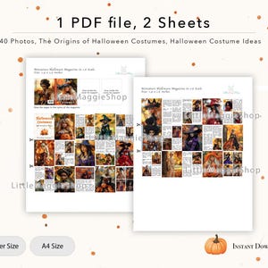 May include: Two printable sheets with Halloween magazine pages. The pages feature 40 photos of costumes and the origins of Halloween costumes. The text includes "Miniature Halloween Magazine" and "Instant Download."