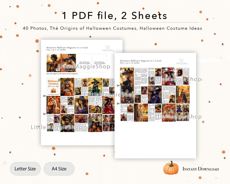 May include: Two printable sheets with Halloween magazine pages. The pages feature 40 photos of costumes and the origins of Halloween costumes. The text includes "Miniature Halloween Magazine" and "Instant Download."