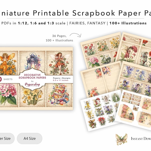 Scrapbook Paper Pad - Miniature Printable Book, Dollhouse Craft Room, Hobby Room, Fairies, Flowers, Digital File, PDF, 1/12, 1/6, 1/3 Scale