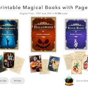 3 Magische Bücher zum Ausdrucken mit Pagen - Halloween, Schwarze Magie und Nekromantie für Puppenhaus Miniaturen 1:12 Download PDF