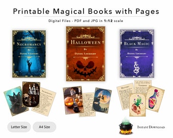 3 Printable Magical Books with Pages - Halloween, Black Magic and Necromancy for Dollhouse Miniatures 1:12 Scale Download PDF