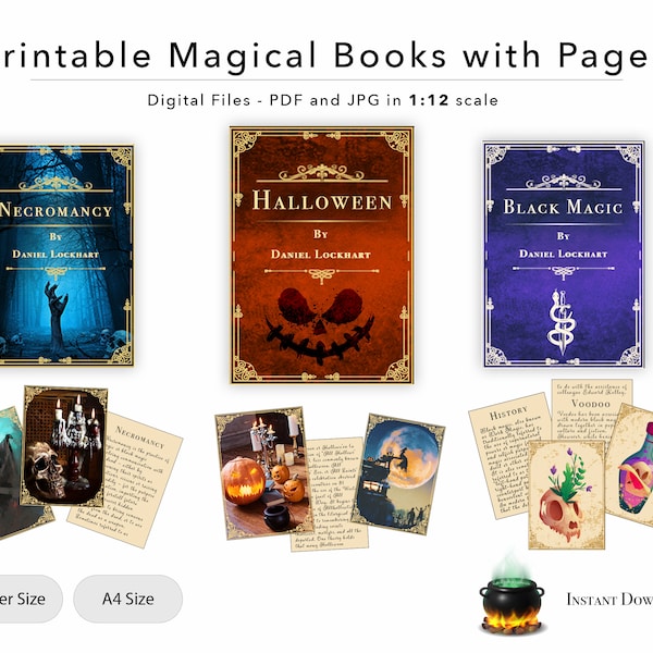 3 Printable Magical Books with Pages - Halloween, Black Magic and Necromancy for Dollhouse Miniatures 1:12 Scale Download PDF