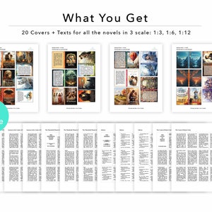 Op de afbeelding: Een set van 20 boekomslagen en tekstpagina's voor romans in drie verschillende schalen: 1:3, 1:6 en 1:12. De omslagen bevatten kleurrijke illustraties en de tekstpagina's zijn in zwart-wit gedrukt.