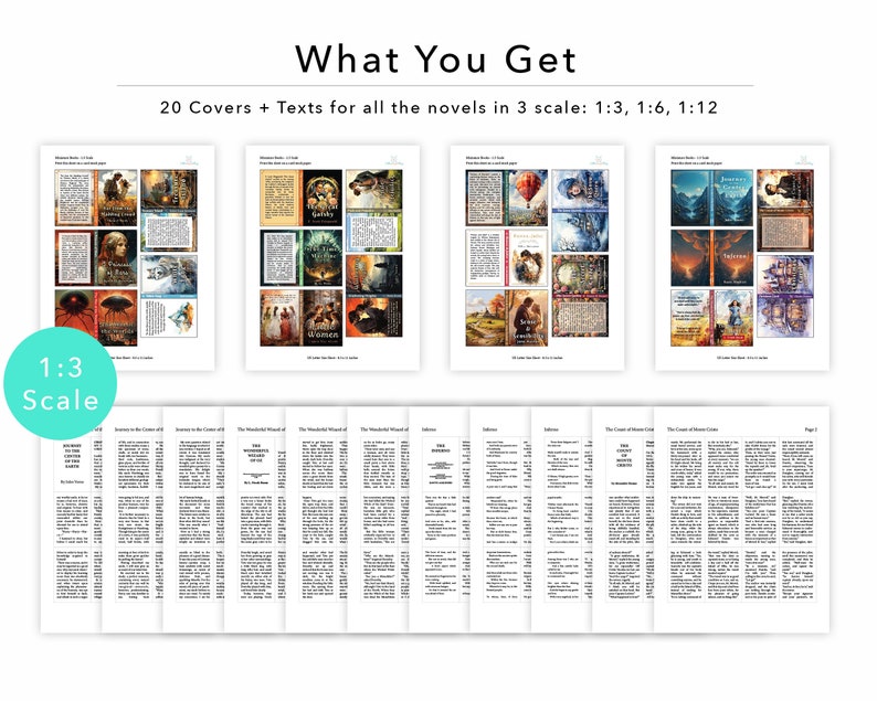 Op de afbeelding: Een set van 20 boekomslagen en tekstpagina's voor romans in drie verschillende schalen: 1:3, 1:6 en 1:12. De omslagen bevatten kleurrijke illustraties en de tekstpagina's zijn in zwart-wit gedrukt.
