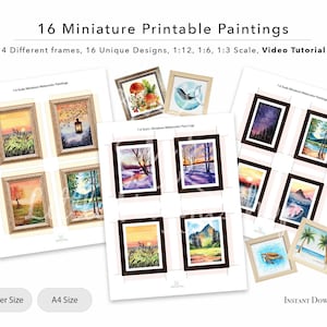 Puede incluir: Conjunto de 16 pinturas de acuarela en miniatura imprimibles en cuatro estilos de marco diferentes. Las pinturas presentan varias escenas de la naturaleza, incluyendo una puesta de sol, un bosque, una montaña y una playa. Las pinturas están disponibles en tres escalas diferentes: 1:12, 1:6 y 1:3. El listado incluye un tutorial en video.