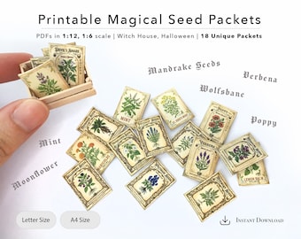 Paquetes de semillas mágicas en miniatura imprimibles: Casa de brujas, Escuela de magos, Botánica, Jardín de muñecas (Archivo digital)