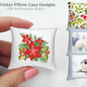 4 Miniatur Winter Kissenbezüge Designs | 1-3 BJD Puppen | 1-6 | 1-12 Puppenhaus | Weihnachtskissen, DIY digitale Datei für Druck, Download