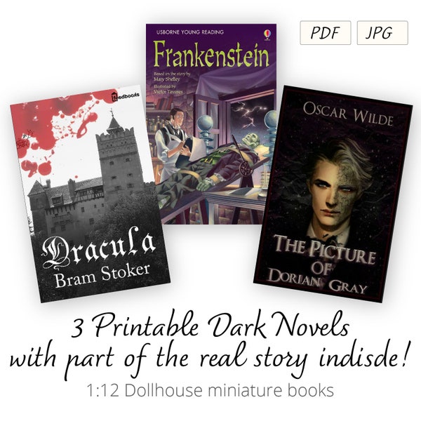 3 Printable Dark Novels with Story inside | Dollhouse miniature books | 1/12 Scale | Instant Download PDF, JPG