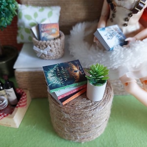 Op de afbeelding: Een miniatuur poppenhuis sc&egrave;ne met een kleine tafel, een stapel boeken, een plant in een pot en een pop die een witte jurk draagt. De boeken zijn getiteld "The Time Machine" en "The Time Machine II".