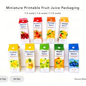 Druckbare Miniatur Fruchtsaft Verpackung für ein Puppenhaus, 1/3, 1/6, 1/12 Skala, PDF, Sofort Download, Puppenhaus Lebensmittelverpackung