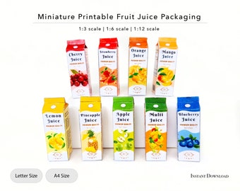 Miniature Printable Fruit Juice Packaging for a Dollhouse, 1/3, 1/6, 1/12 Scale, PDF, Instant Download, Dollhouse Food Packaging