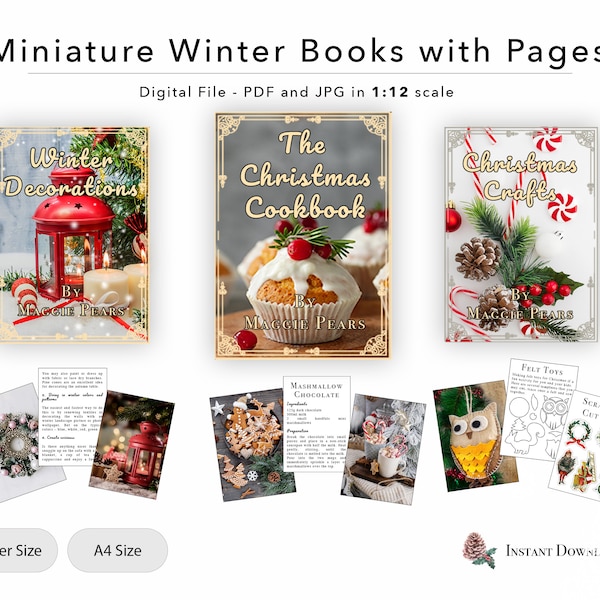 3 Printable Miniature Winter Books with pages, Christmas Cookbook, Winter Decorations and Christmas Crafts | Dollhouse | 1:12 | PDF