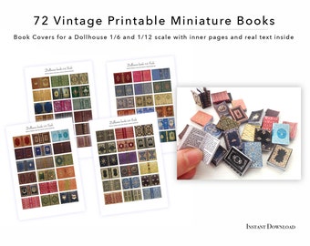 72 portadas de libros en miniatura medievales y vintage imprimibles para una casa de muñecas escala 1/6 y 1/12 con páginas interiores y texto real en su interior