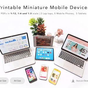 Printable Miniature Mobile Devices | 5 Phones | 2 Laptops | 3 Tablets | Dollhouse Smartphone | Digital File | 1/12 | 1/6 | 1/3 Scale | PDF