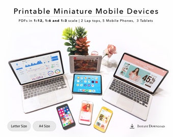 Printable Miniature Mobile Devices | 5 Phones | 2 Laptops | 3 Tablets | Dollhouse Smartphone | Digital File | 1/12 | 1/6 | 1/3 Scale | PDF