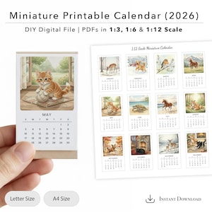May include: A miniature printable calendar for 2026, with watercolour illustrations. The calendar includes a small calendar with a kitten illustration for May. The text "Miniature Printable Calendar (2026)" is at the top.