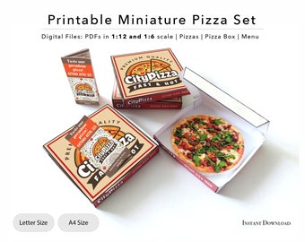 Printable Miniature Pizza Set | Dollhouse Pizza | Pizza Box | Menu | Pizzas | Printable Dollhouse Food | 1/12 | 1/6 | PDF | A4 | US Letter