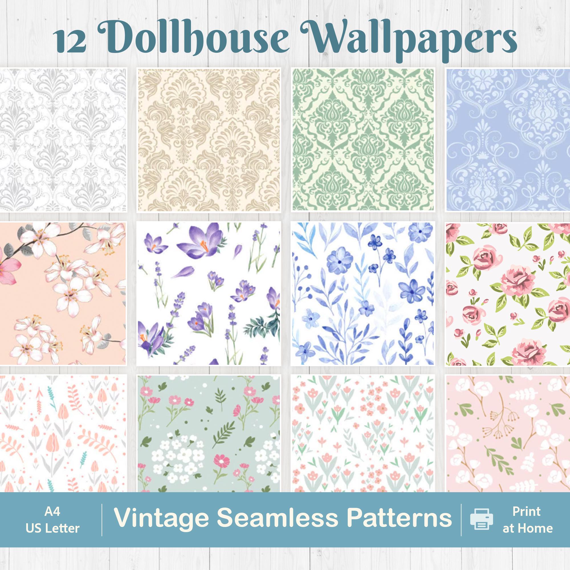 12 Dollhouse Vintage Wallpapers, Seamless Patterns, 12 Sheets, A4, US Letter, Instant Download, Print, Cut and Glue, DIY, PDF Sheet