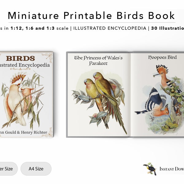 Printable Miniature Illustrated Encyclopedia of Birds | Dollhouse Printable Book | 30 illustrations | Digital File | 1/12 | 1/6 | 1/3 Scale