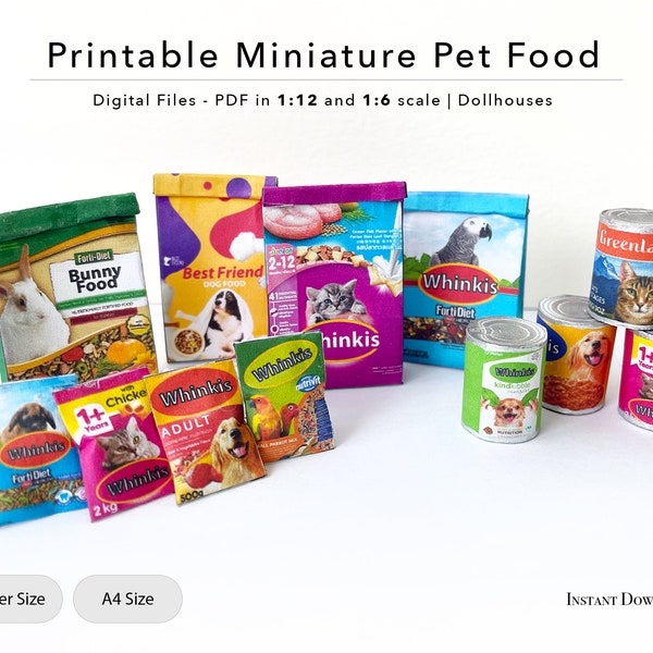 Miniature Pet Food Packaging | Printable Sheet | Dollhouse | 1/6 and 1/12 scale | Cat | Dog | Bunny | Birds | Digital File | PDF