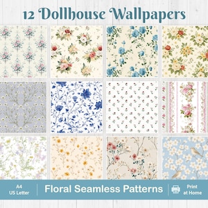 12 Seamless Dollhouse Wallpapers – Printable Floral Patterns | A4 & US Letter Sizes | Miniature Wallpaper for 1:12 or 1/6 Scale Crafts