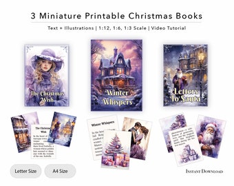 May include: Three printable Christmas book covers featuring illustrations of a girl in a winter scene, a house in a snowy landscape, and Santa Claus delivering letters. The text on the covers reads "The Christmas Wish", "Winter Whispers", and "Letters to Santa".