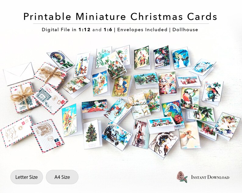 Printable Miniature Christmas Greeting Cards with Envelopes | 1-12 scale | 1-6 scale | Dollhouse | DOWNLOAD | PDF | Winter Greeting Cards 