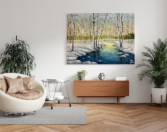 Árboles junto al río en invierno, Paisaje nevado, Pintura de invierno, Pintura de acuarela imprimible, Descarga instantánea, JPG, Impresión digital, Decoración de pared