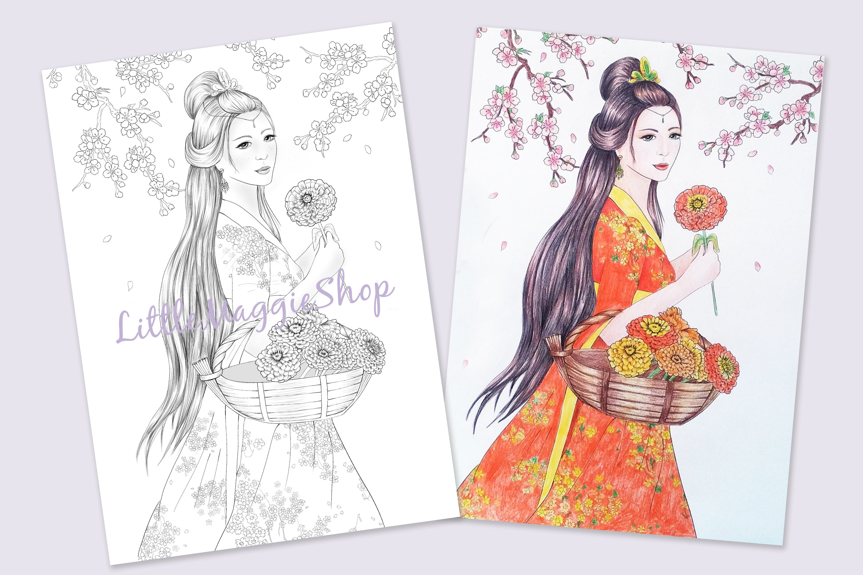 Coloring Page Japanese Girl PRINTABLE Sheet Instant - Etsy Australia