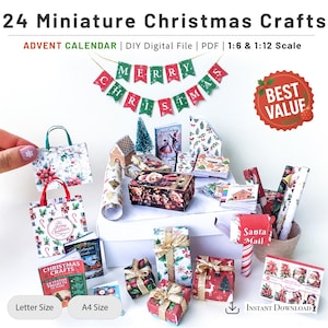 May include: A selection of 24 miniature Christmas crafts, including gift boxes, shopping bags, books, and a banner that reads "Merry Christmas." The crafts are designed as a DIY digital file in PDF format, available in 1:6 and 1:12 scales.
