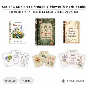3er Set druckbare Kräuter- & Blumenbücher mit Seiten - Die Bedeutung von Blumen, Kräuter, Puppenhaus-Miniaturen Maßstab 1:12, herunterladbare PDF-Datei