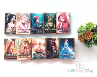 10 Miniature Fairy Tale Books with Pages and Illustrations, Premium Collection, 1/6, 1/12 scale, Dollhouse