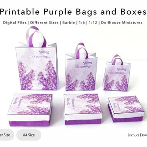 Miniature Printable Dollhouse Shopping Bags and Boxes | Purple | 1/12 | 1/6 | PRINTABLE file | Digital File | Instant Download