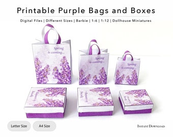 Miniature Printable Dollhouse Shopping Bags and Boxes | Purple | 1/12 | 1/6 | PRINTABLE file | Digital File | Instant Download
