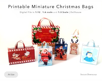May include: Five printable miniature Christmas gift bags with various holiday designs. The bags are red, blue, and white with images of Santa Claus, reindeer, and a snowman. The bags are in 1:12, 1:6, and 1:3 scale.