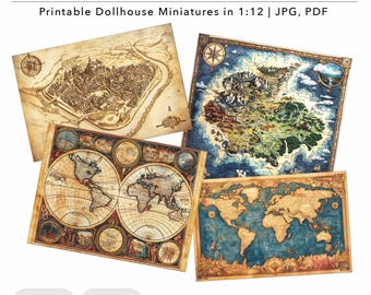Vintage Antique Medieval Maps – Printable Dollhouse Miniatures in 1:12 Scale – Digital Download PDF