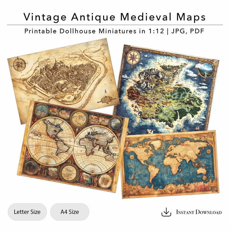 May include: Set of four printable vintage antique medieval maps in JPG and PDF formats. The maps are in a 1:12 scale and are suitable for dollhouse miniatures. The maps feature a variety of styles, including a city map, a world map, and a fantasy map.